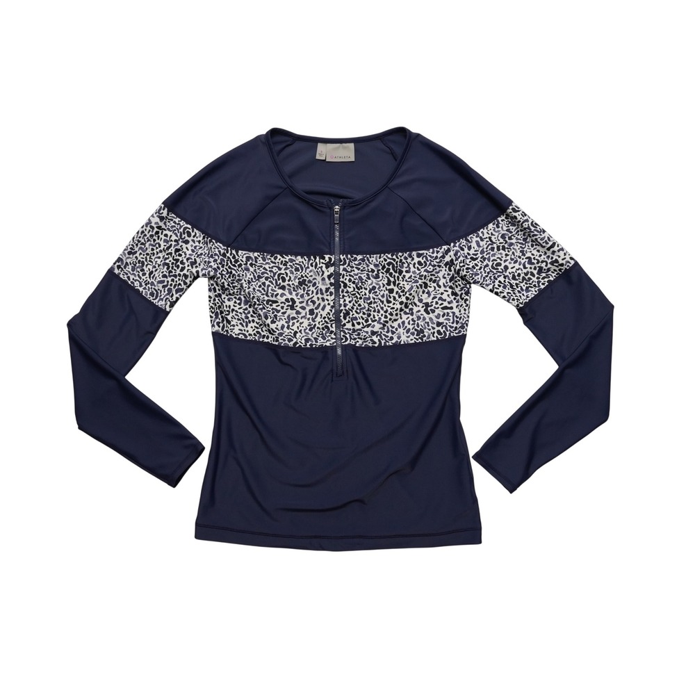 Athleta Rash Guard Women Small Blue Animal Print Zip Long‎ Sleeve Swim Top